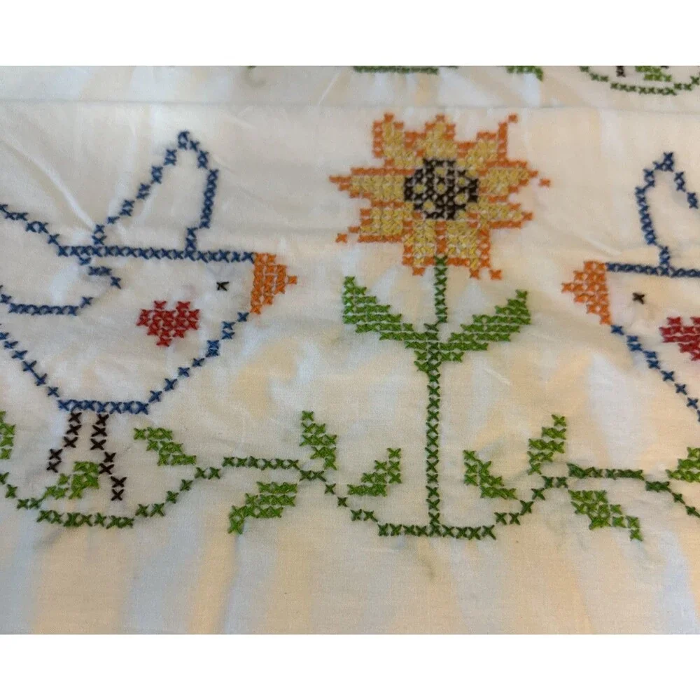 Hand Cross stitched Pillowcases Floral Bird Standard Sz Farmhouse Cottage